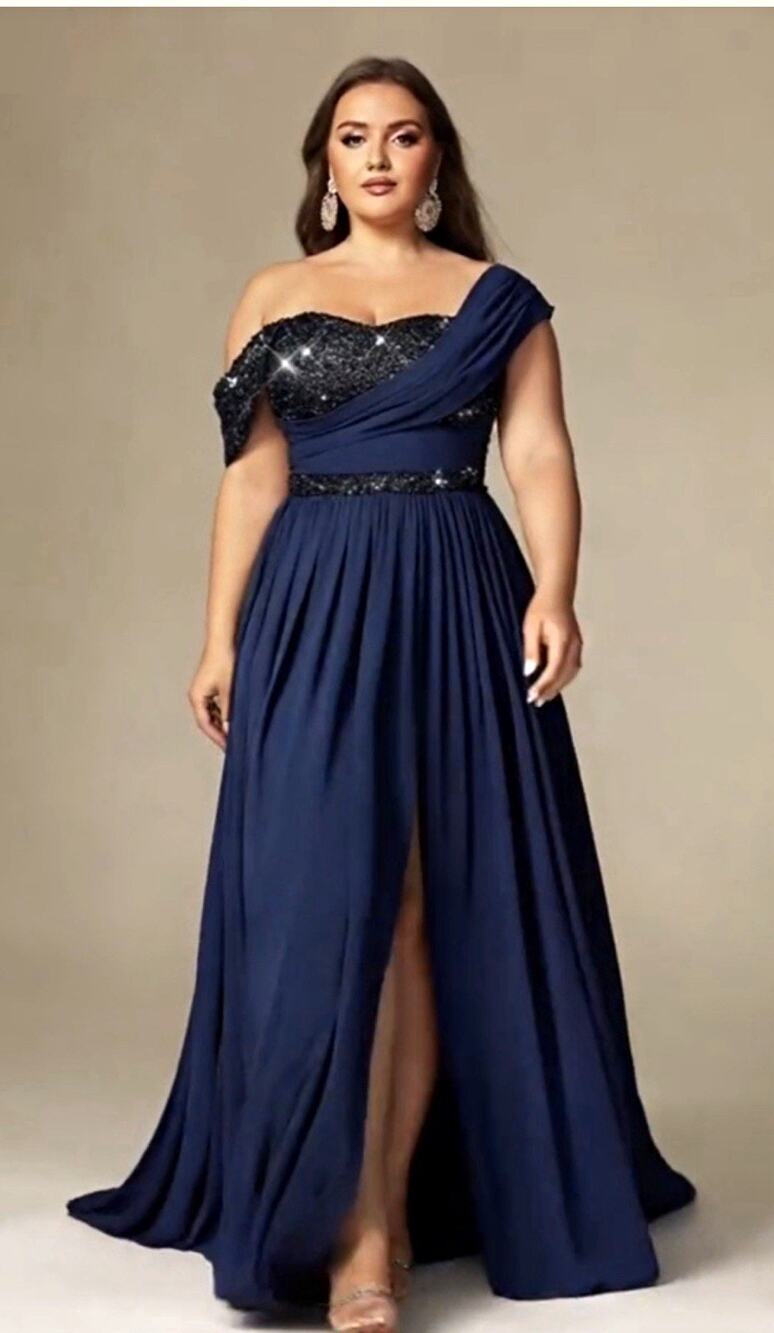 Women's Blue One Shoulder Beaded Sequin Formal Maxi Dress 4XL Elastic Waist
